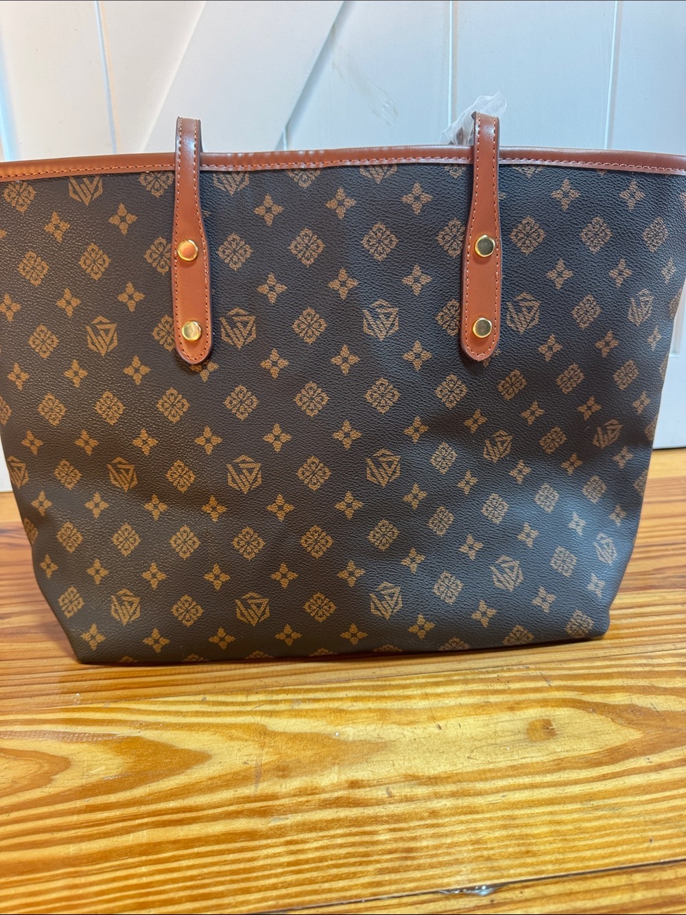 Brown Patterned Shoulder Bag with Tan Trim